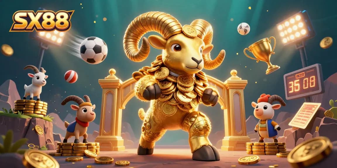 SX88 showcases a vibrant 3D scene of a golden ram charging at a golden gate amidst sports elements, emphasizing thrilling action.