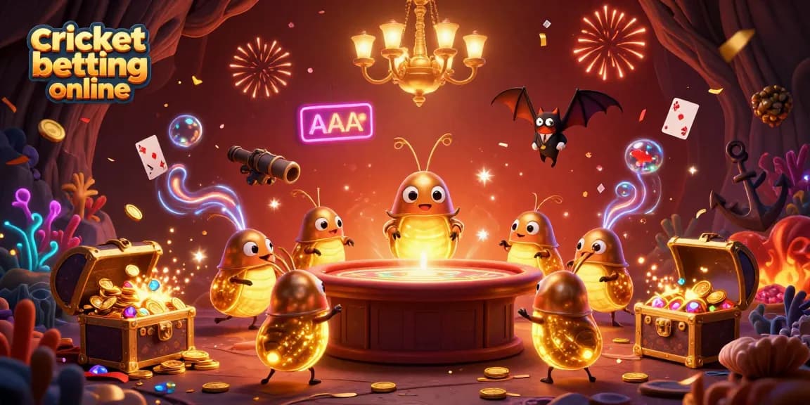 Experience cricket betting online with vibrant, energetic casino elements and bioluminescent glowworms.
