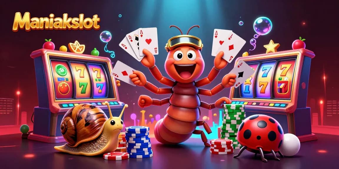 Play slots and win with Maniakslot's vibrant 3D casino illustration featuring energetic characters.