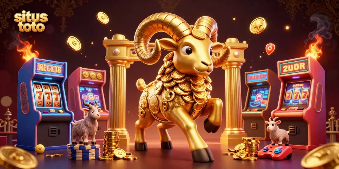 Engage in thrilling gameplay with situs toto, featuring a massive golden ram charging through a casino landscape filled with vibrant game elements.