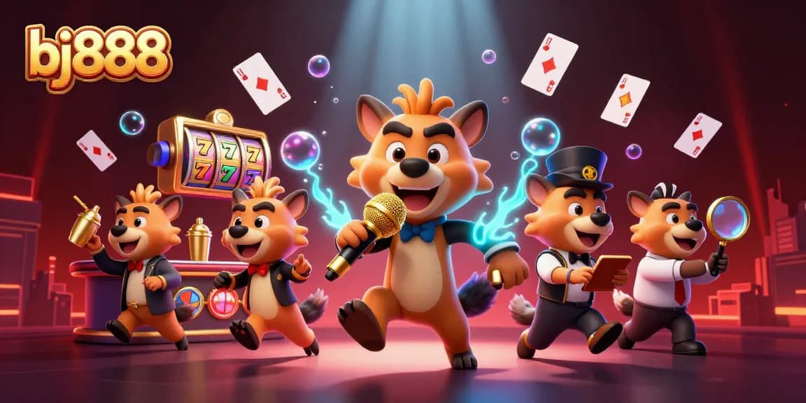 Experience the thrill of bj888 casino with lively hyenas in a 3D illustration featuring gaming activities and vibrant elements.