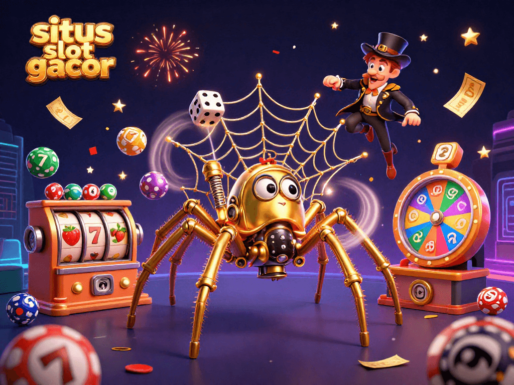 Engage with situs slot gacor featuring a steampunk spider capturing dice amidst vibrant casino elements.