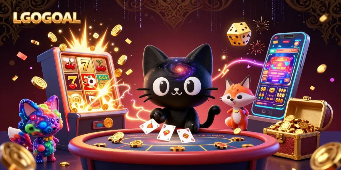 Experience LGOGOAL's cosmic casino with a captivating 3D black hole cat and vibrant elements.