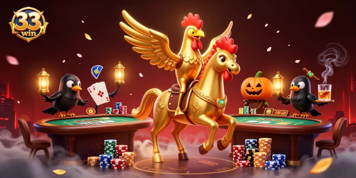 Experience thrilling moments at 33win, a vibrant casino scene with characters and gaming action.