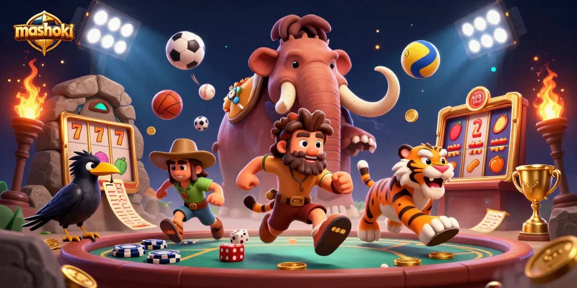Experience mashoki like never before with a lively prehistoric casino scene featuring unique gambling elements.