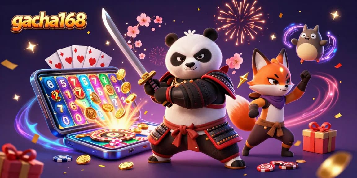 Engage in thrilling gameplay with gacha168's dynamic slots, as a samurai panda and ninja fox take center stage.