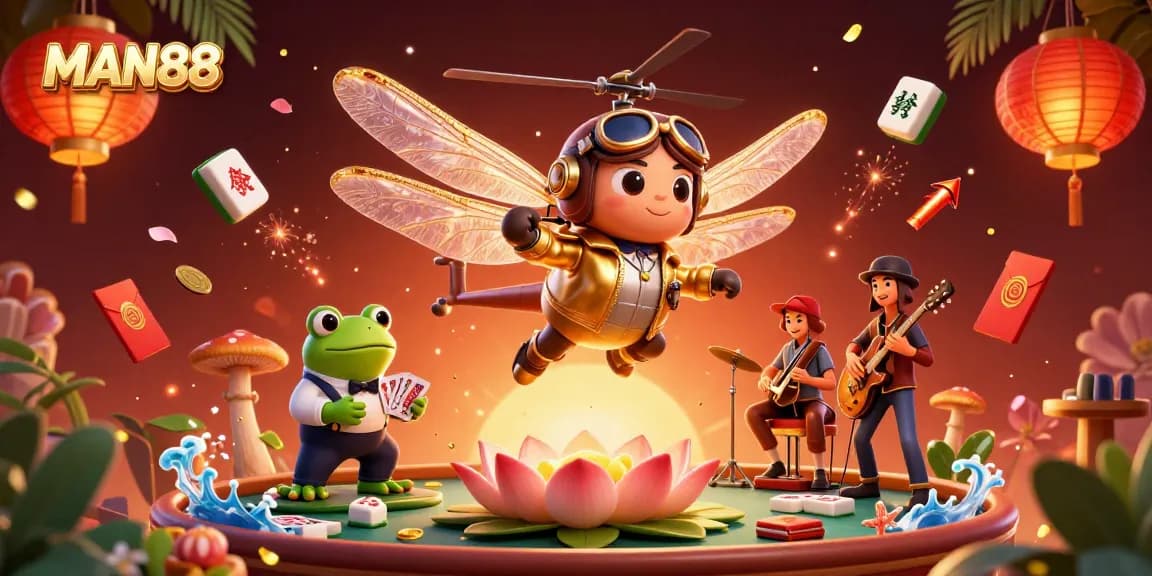 Engage with MAN88, featuring vibrant casino elements in a lively 3D illustration