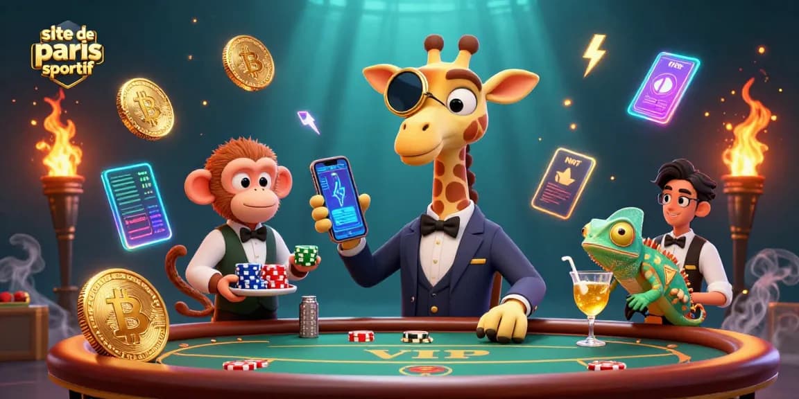 Plonger dans l'univers captivant du site de paris sportif avec une illustration dynamique de personnages de casino animés.