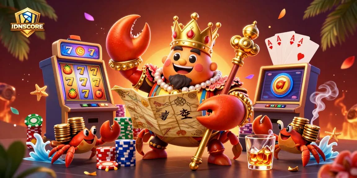IDNSCORE's vibrant gaming scene showcases a golden crab emperor among colorful slot reels, creating excitement.