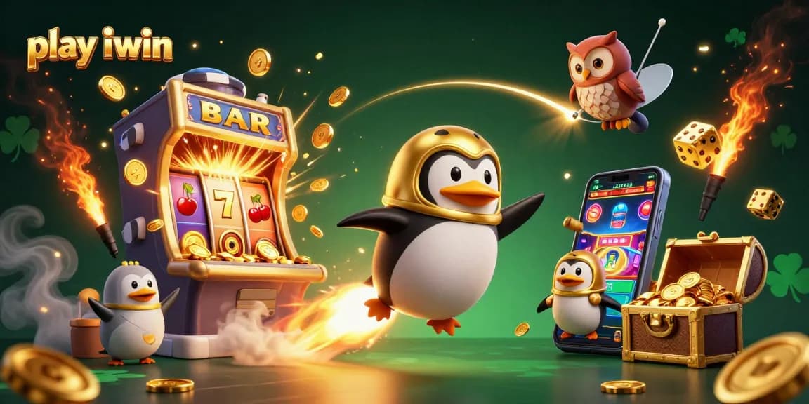Play iwin with a 3D penguin in space, surrounded by casino elements and explosive jackpots.