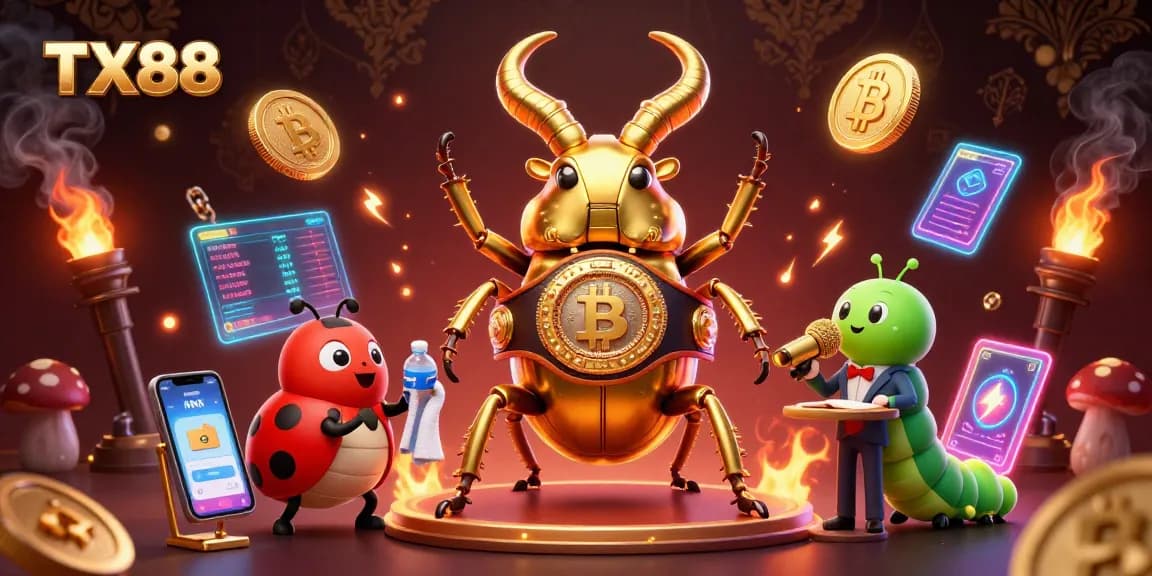 Engage with TX88's vibrant casino action featuring colorful characters and dynamic crypto elements.