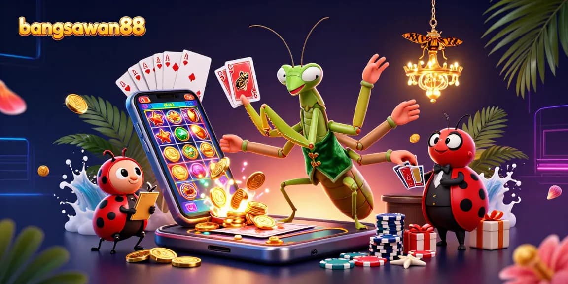 Engaging illustration showcasing bangsawan88 with a cartoon praying mantis dealer and vibrant casino elements.