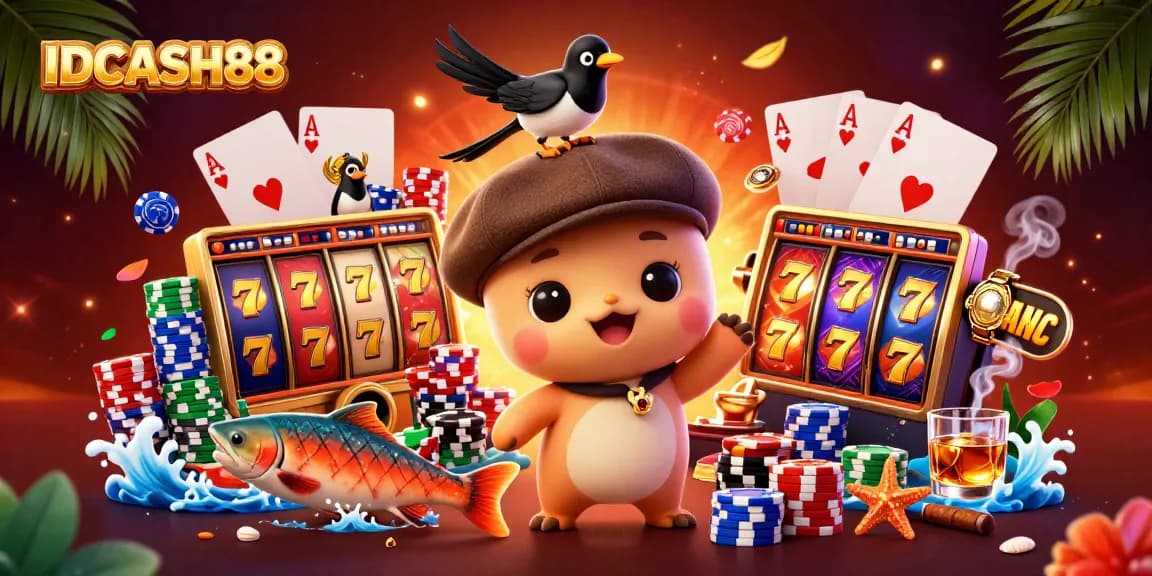 Experience winning action at IDCASH88 with vibrant slots, playful characters, and a captivating casino atmosphere.