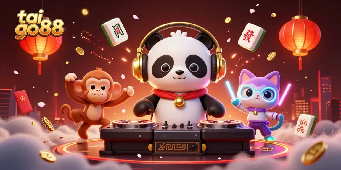 Engage in dynamic gameplay with tai go88 featuring a DJ panda, breakdancing monkey, and glow-stick kitten.