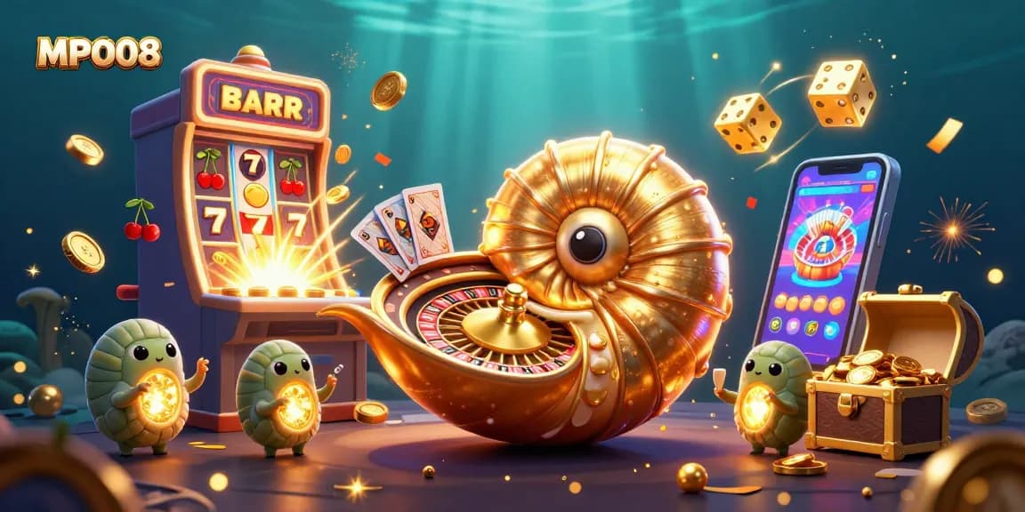 MPO08 showcases an interactive casino experience with a vibrant 3D illustration of engaging slot and card games.