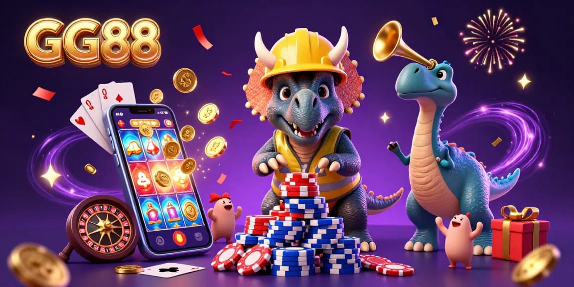 Experience GG88's vibrant casino culture with a triceratops and parasaurolophus celebrating amidst game elements.
