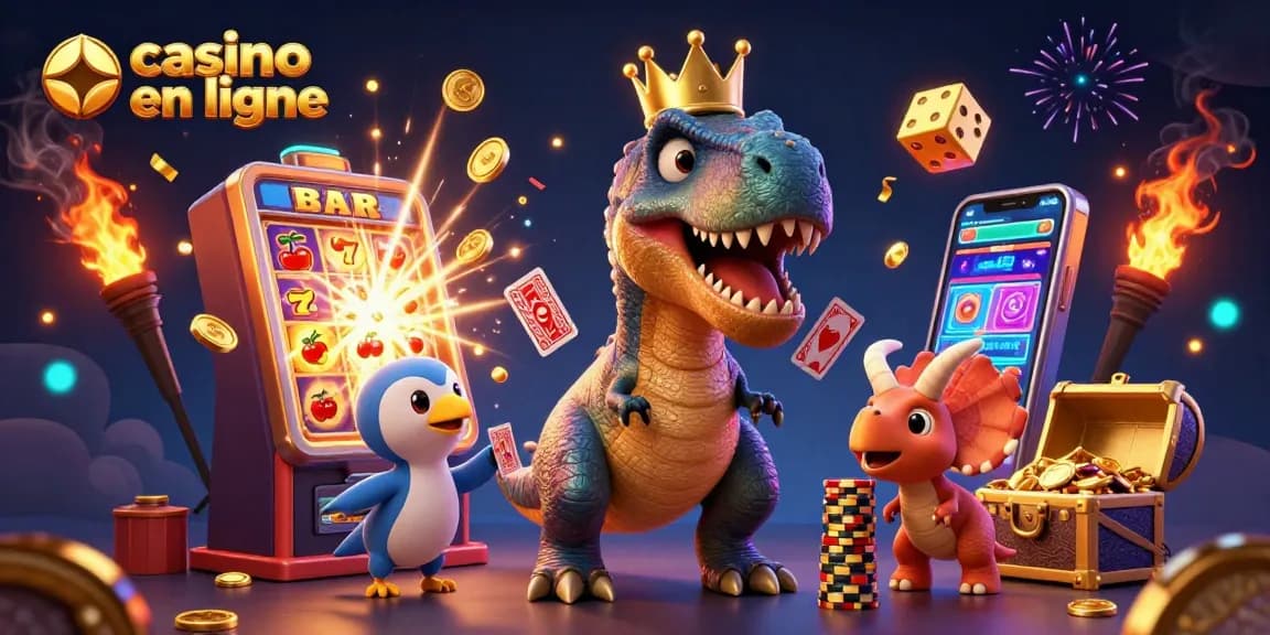 Illustration d'un T-Rex pour casino en ligne, jouant aux cartes et entouré de jetons d'or.