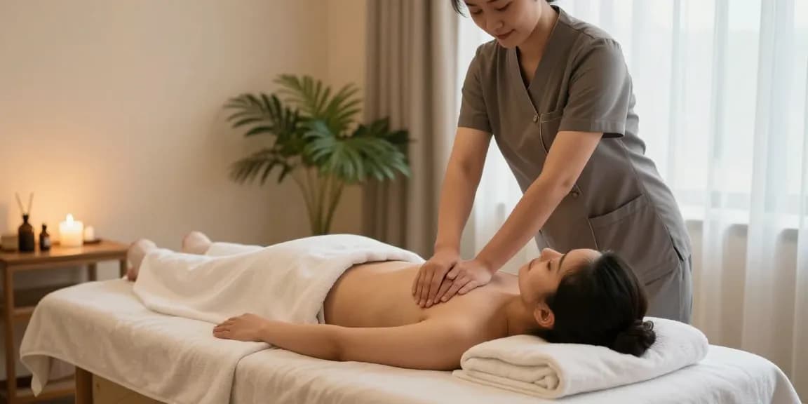 마사지 치료를 받고 있는 고객과 전문가의 편안한 스파 환경