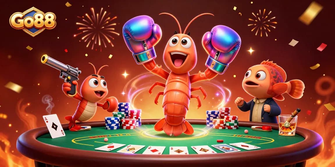 Experience the excitement of Go88 in this lively casino scene, showcasing colorful poker elements and vibrant characters.