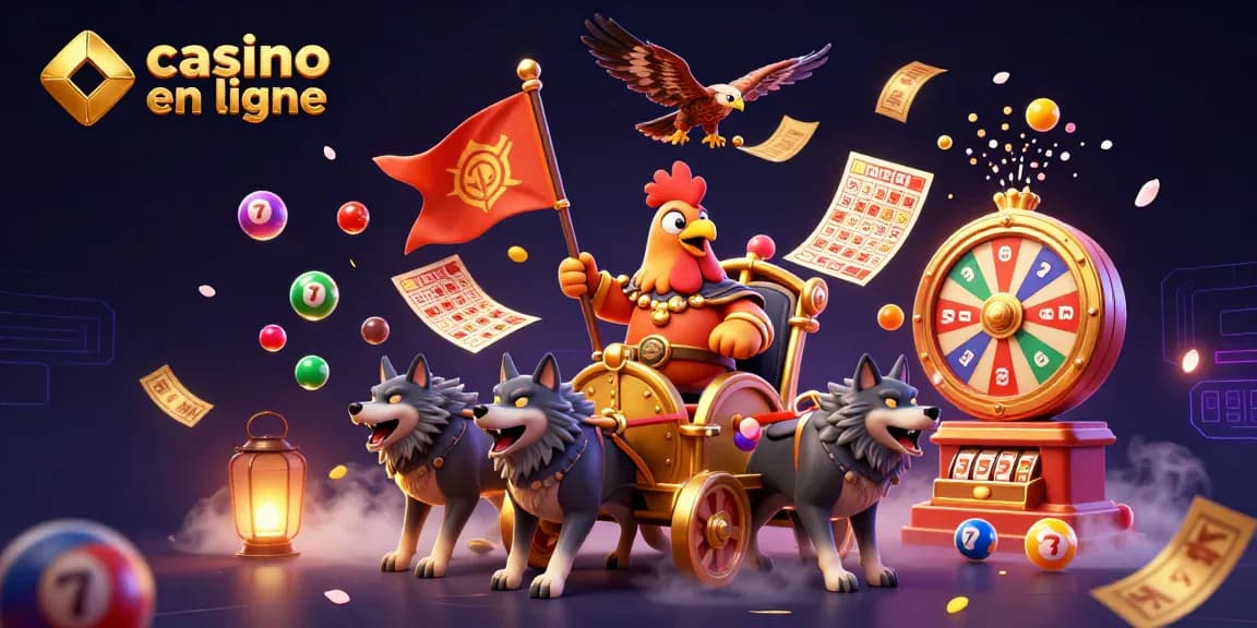 Illustration dynamique de casino en ligne avec un seigneur coq en chariot d'or entouré de loteries.