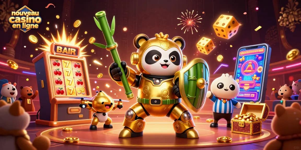 Illustration dynamique d'un nouveau casino en ligne, avec un panda doré en armure contrôlant un robot à thème de bambou.