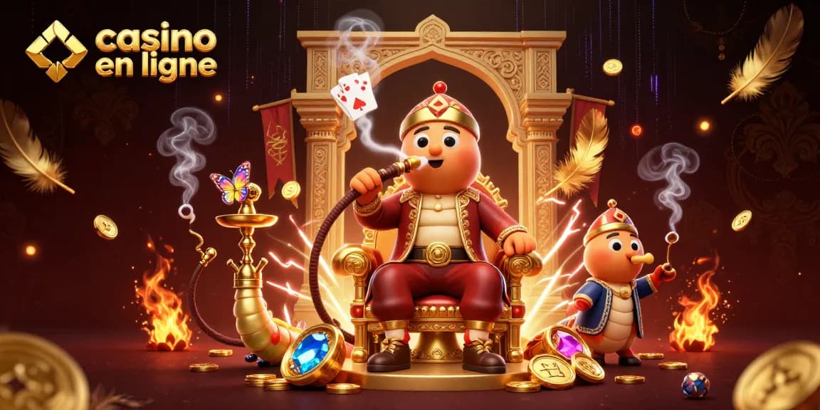 Découvrez l'illustration 3D d'un casino en ligne avec un maître hookah et des symboles de poker.