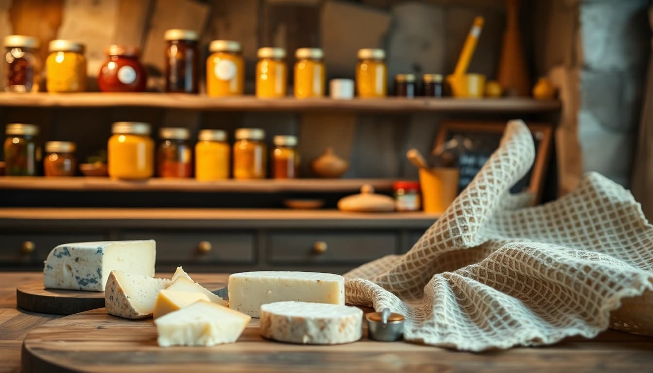 Kaasdoek elegantly displaying fine cheeses in a rustic kitchen setting, showcasing artisan textures.