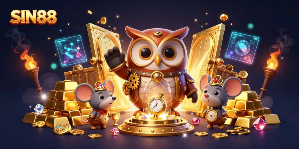 SIN88 showcases a vibrant 3D casino scene with the owl and mouse exploring treasures and jackpots.