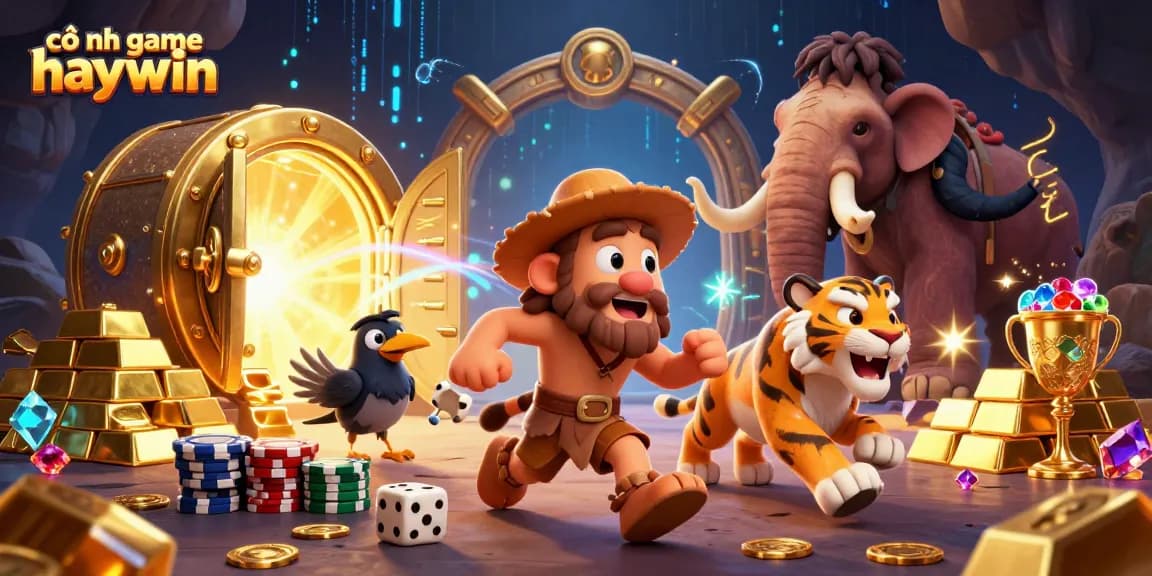 Cổng game haywin features a lively prehistoric casino scene with cavemen, tigers, and treasures