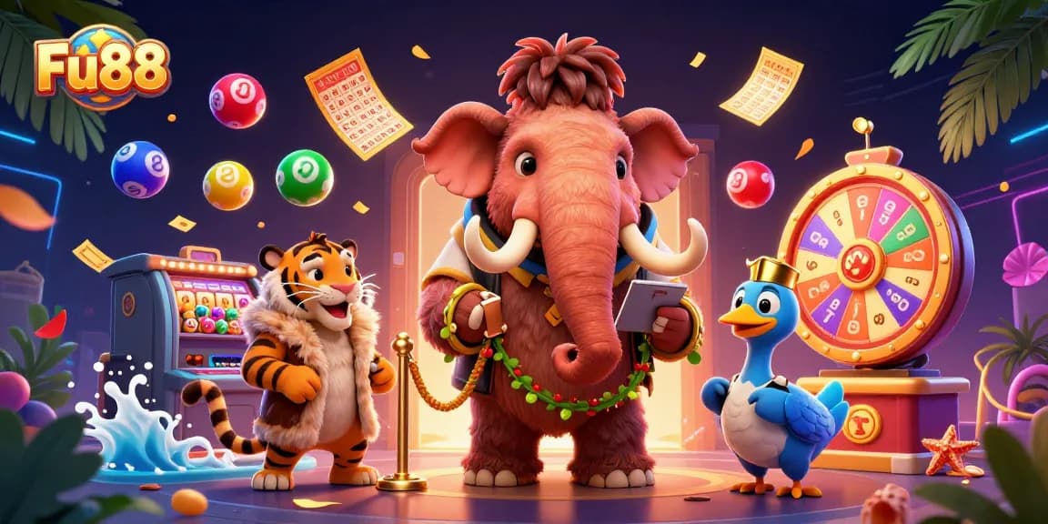 Fu88 welcomes players with a vibrant casino scene featuring a woolly mammoth bouncer and colorful lottery elements.