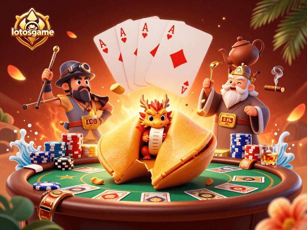 Immerse in excitement with lotosgame's dynamic golden fortune cookie scene, featuring poker elements and a wise dragon.