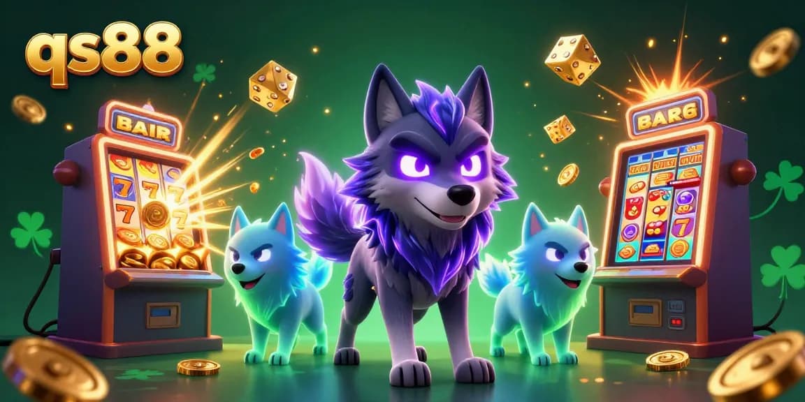 Watch the qs88 shadow wolf pack leader, slot machines, and coins burst in this vibrant casino scene.