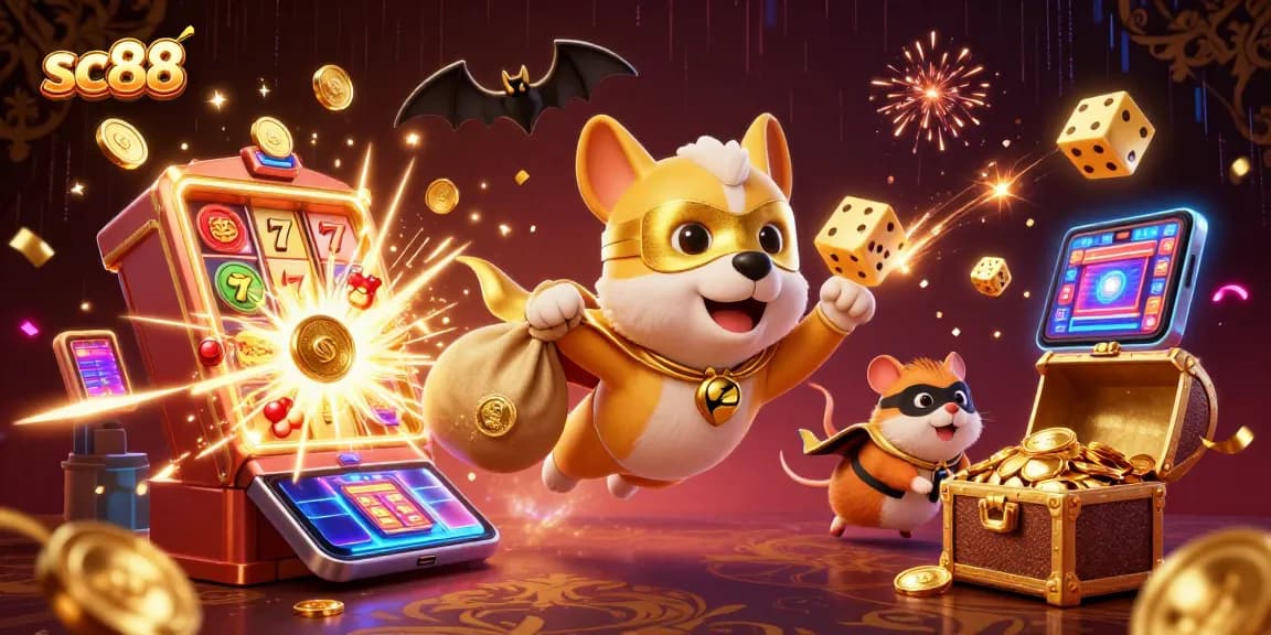 sc88 jumps into action with a superhero dog flying through a vibrant casino scene, showcasing excitement and winning potential.