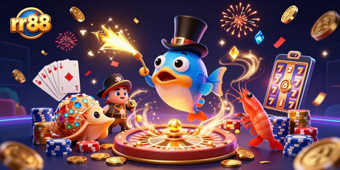Bring luck with rr 88 as anglerfish attracts coins and treasures in a vibrant casino scene.