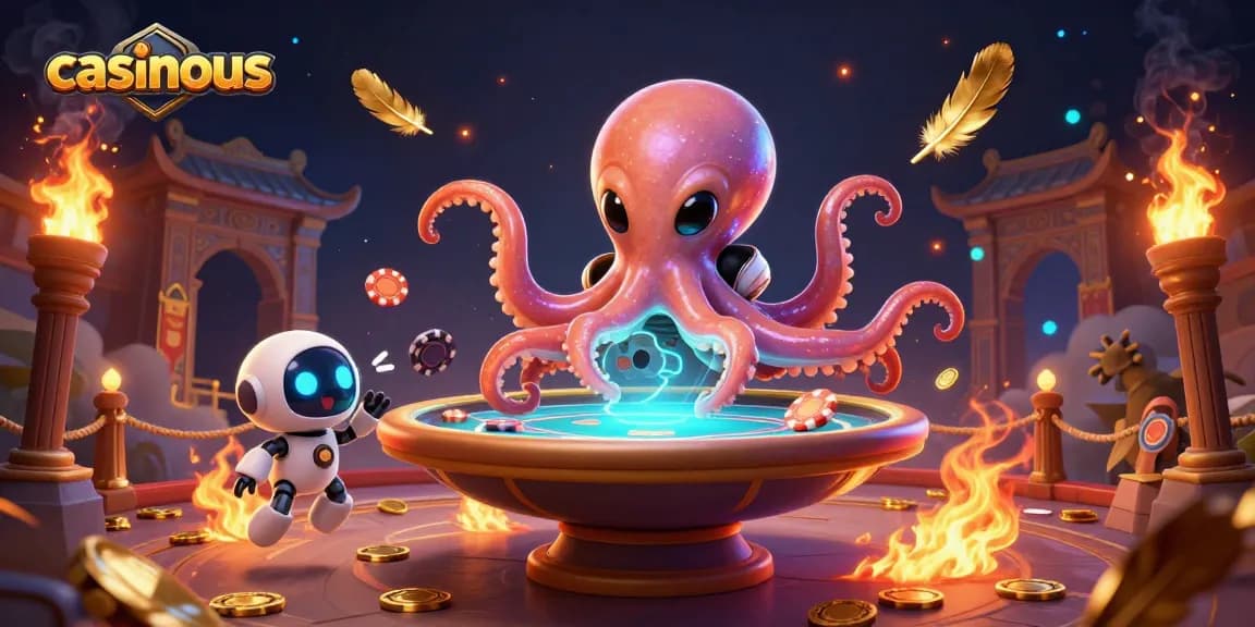 Experience casinous action with a vibrant scene of an alien octopus and robot at a poker table.