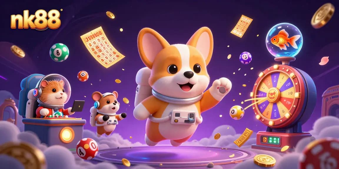 Experience nk88 with a 3D cartoon astronaut corgi in a vibrant space casino scene filled with games.