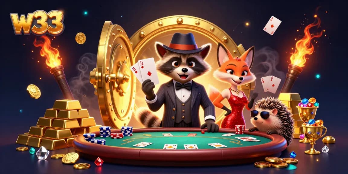 Join the exciting w33 gaming scene with a charismatic raccoon and friends at a vibrant poker table.