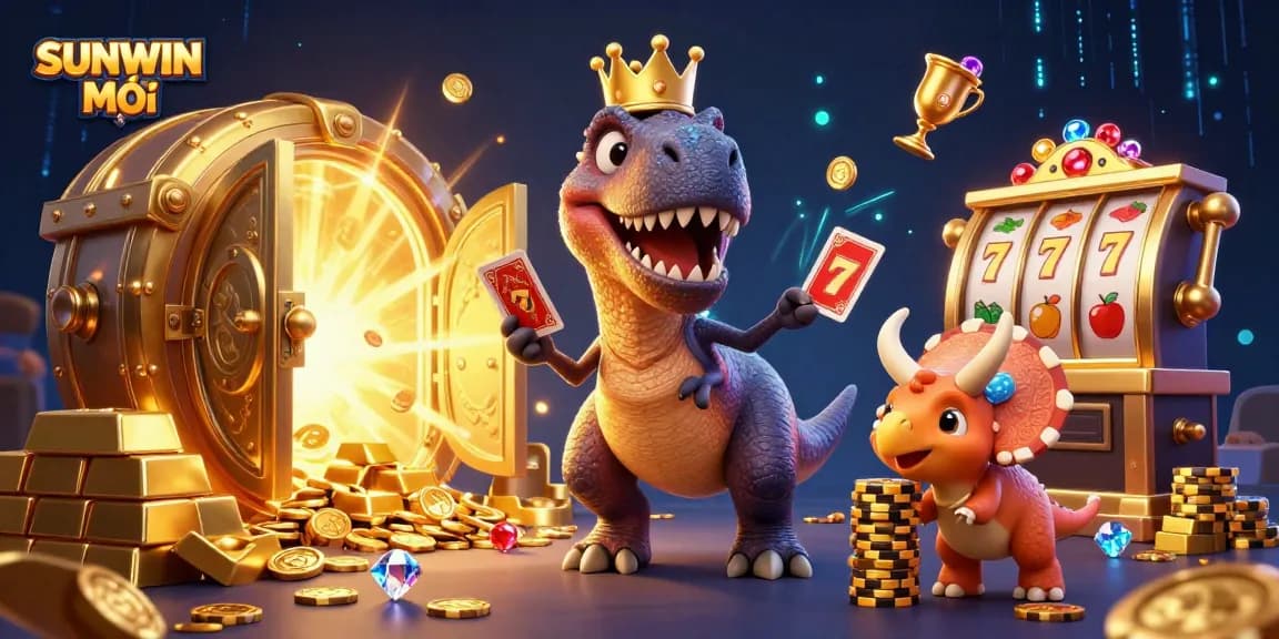 Engage with SUNWIN MỚI as a T-Rex and friends shuffle cards and stack chips in a vibrant casino scene.