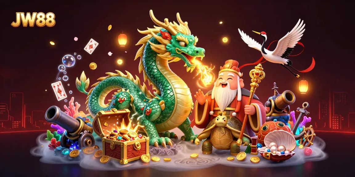 Experience thrilling wins at JW88 with a stunning casino illustration of mythical creatures and treasures.