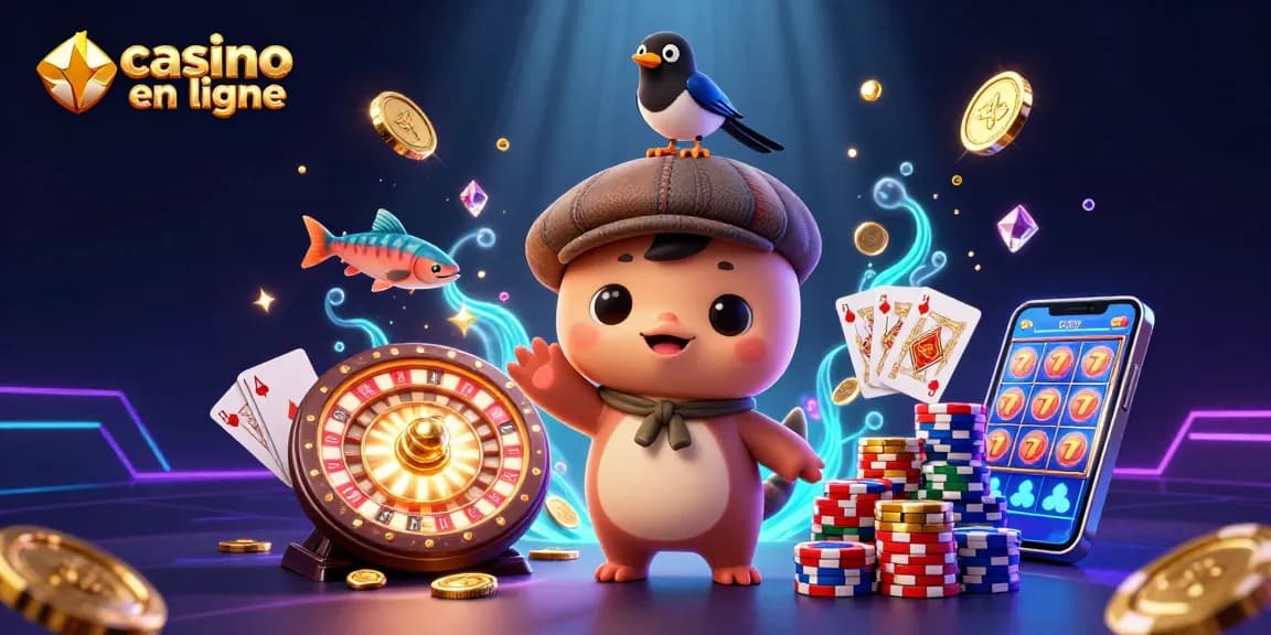 Appréciez le monde du casino en ligne avec une scène où un bébé Nessie et une pie s'amusent parmi des jetons et des cartes.