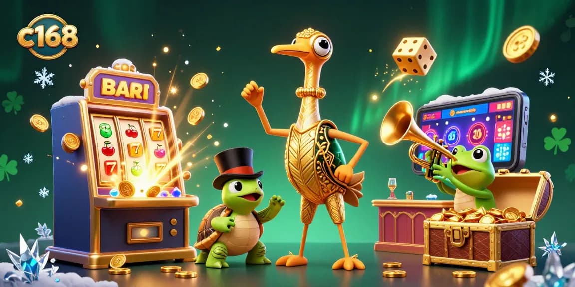 C168 brings excitement with a vibrant casino scene featuring characters and slot games in action.