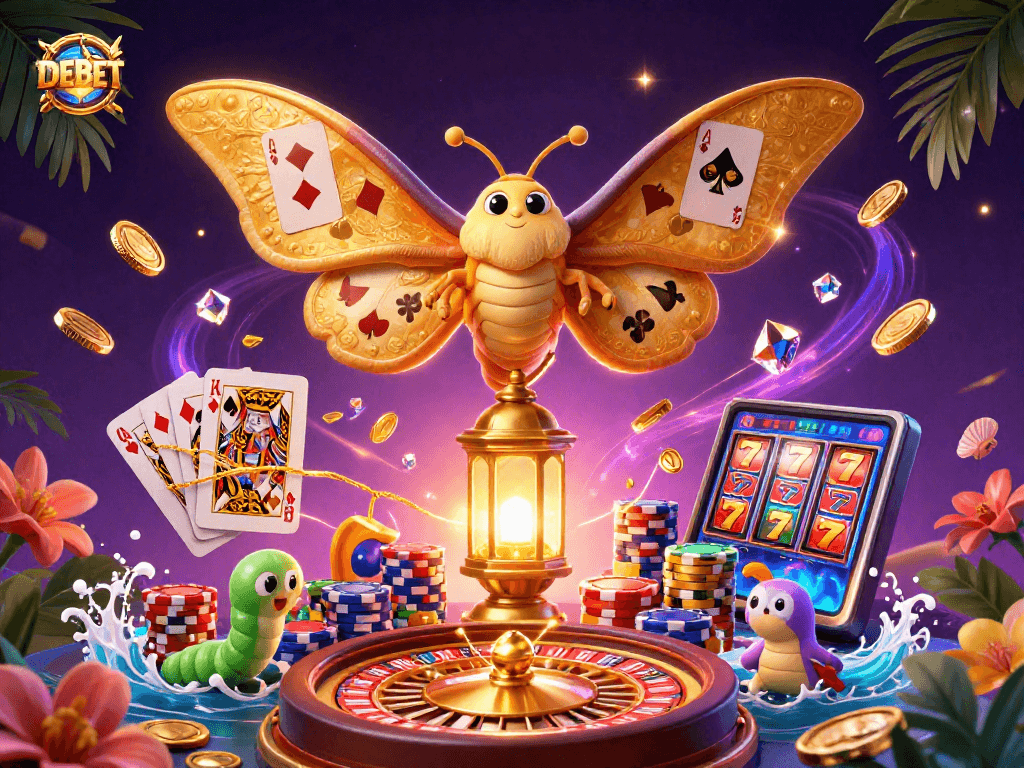 Engage with DEBET by exploring vibrant casino scenes illustrated with dazzling elements and enticing gameplay.
