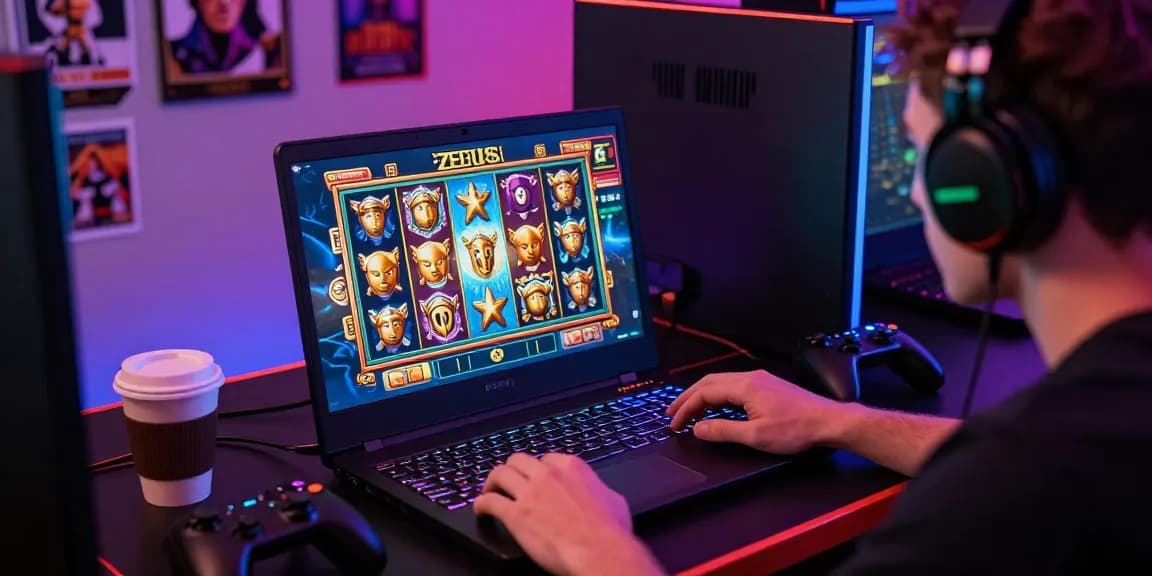 Player enjoying slot resmi games with vibrant Zeus graphics in a dynamic gaming setup.