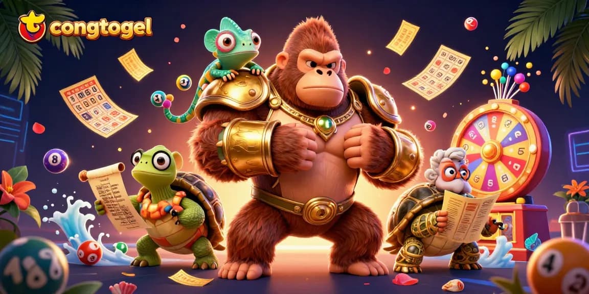 Congtogel's vibrant 3D illustration showcases lottery excitement, featuring a gorilla king and rich game visuals.