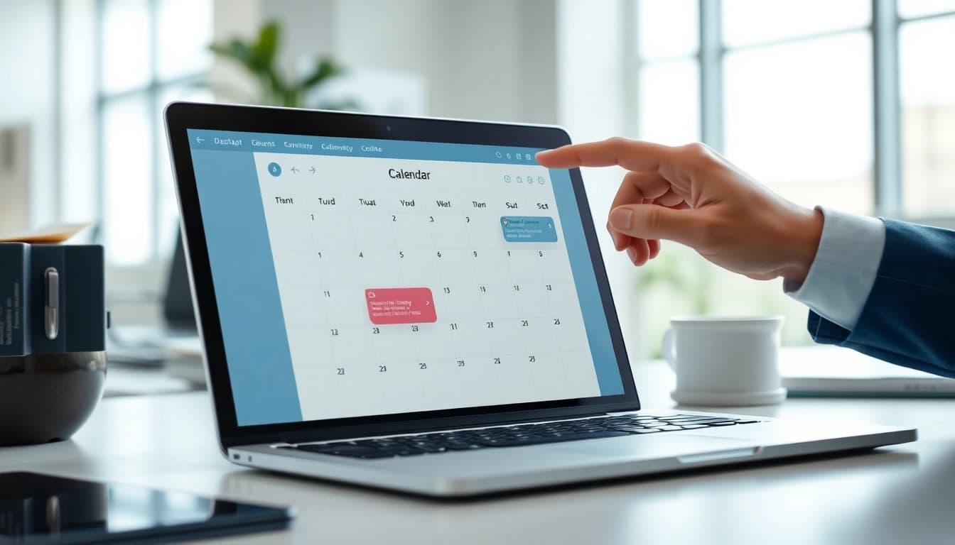 Fix calendar conflicts automatically with user engaged in digital scheduling at their workspace.