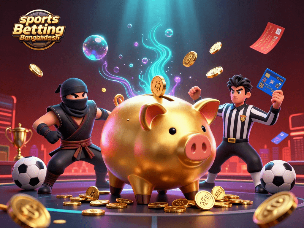 Experience thrilling sports betting in Bangladesh through a dynamic 3D illustration featuring unique characters.