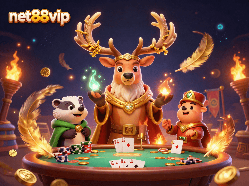 Bet on your luck with net88vip's vibrant poker scene, featuring rich details and mystical characters.
