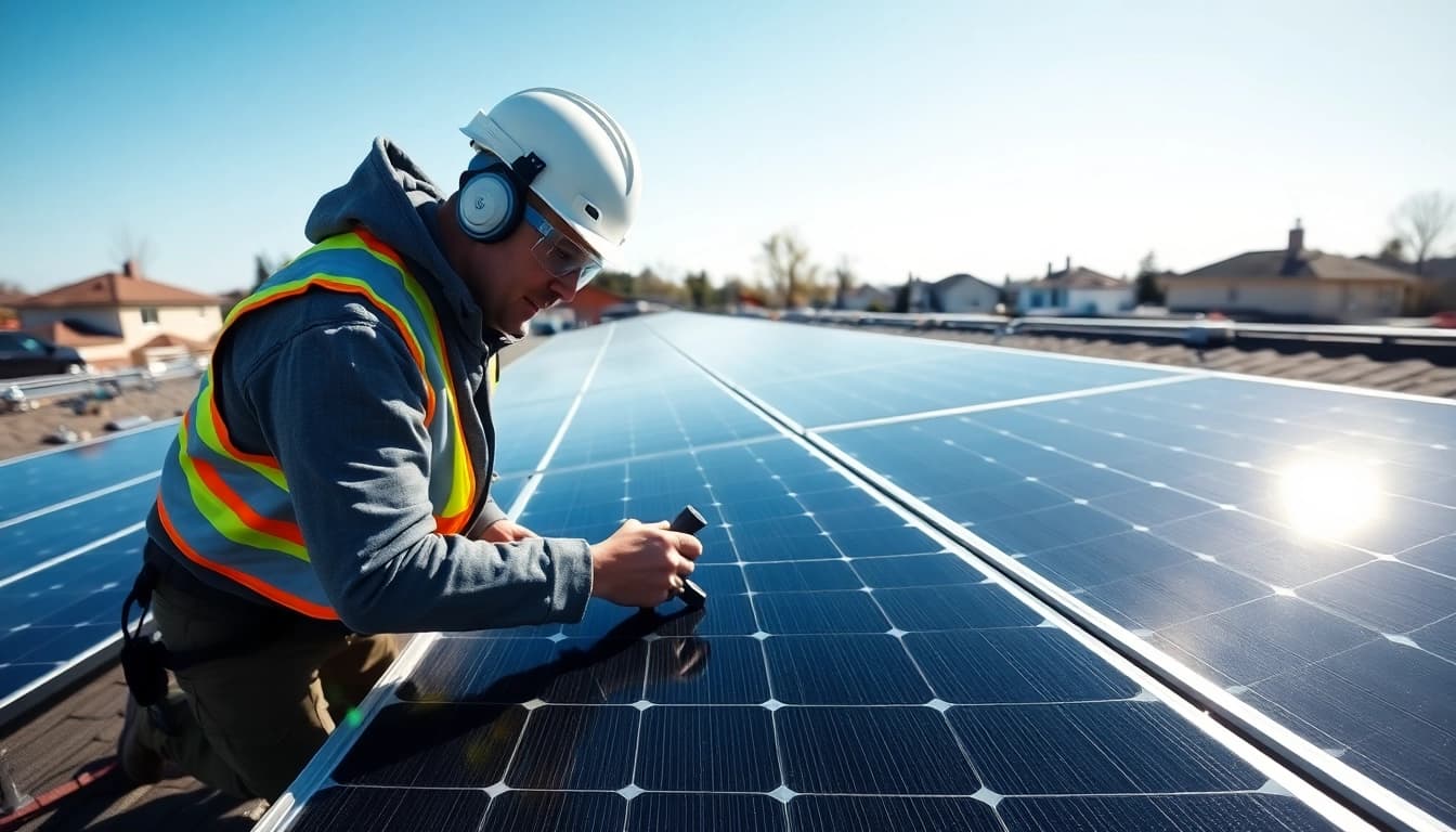 Technician performing solar maintenance New Jersey on rooftop solar panels.