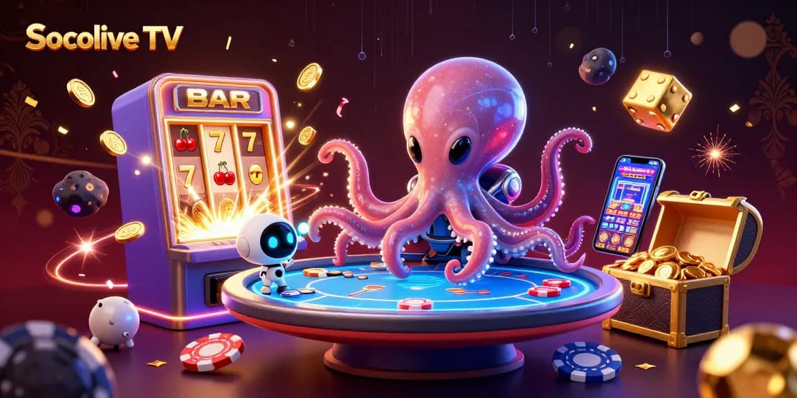 Socolive TV presents a vibrant 3D scene with a cartoon alien octopus at a holographic poker table amidst a jackpot explosion.