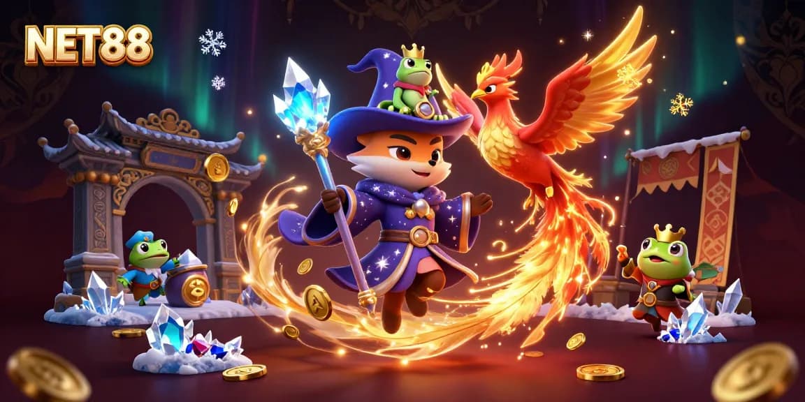 Feel the thrill with NET88 as the wizard fox and phoenix create a dynamic casino scene.